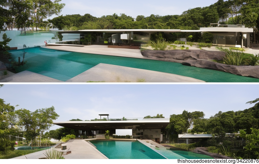 A Modern Home with an Exposed Circular Glass Infinity Pool and a View of Bangkok, Thailand in the Background