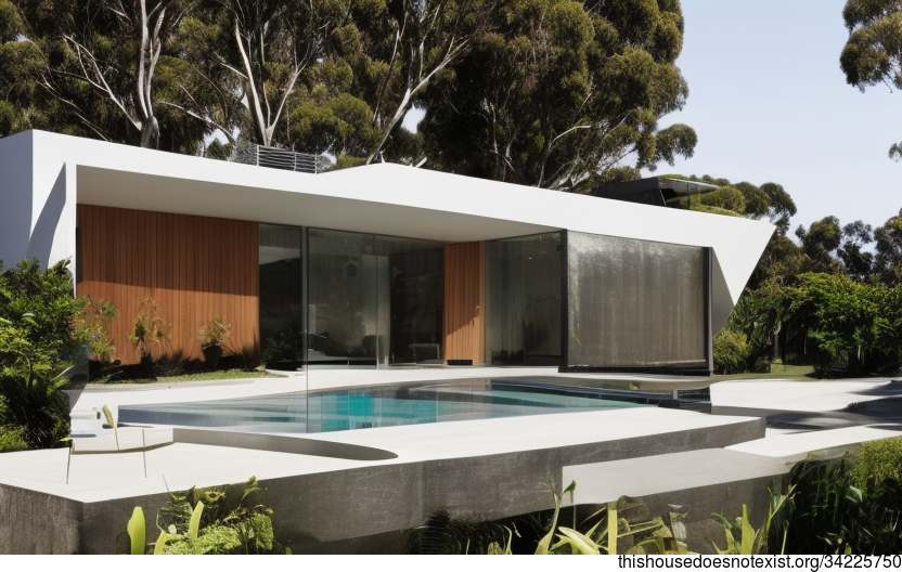 A Modern, Minimalist Home With Exposed Curved Bejuca Wood, Black Stone, And Glass, With Hanging Plants And An Infinity Pool Outside, With A View Of Melbourne, Australia In The Background