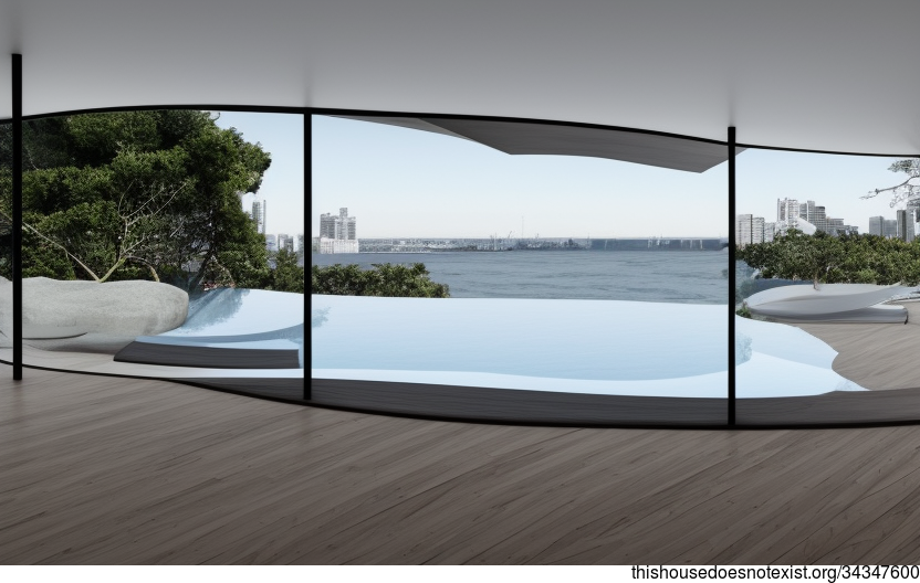 A Modern, Minimalist Home with an Exposed Curved Wood, Glass, and Bamboo Exterior and an Infinity Pool with a View of Buenos Aires, Argentina in the Background