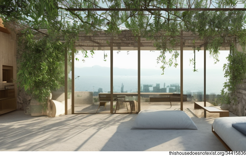 A Modern Beach House in Manila with Exposed Rectangular Stone, Glass, and Bamboo with Hanging Plants and a View of Manila in the Background