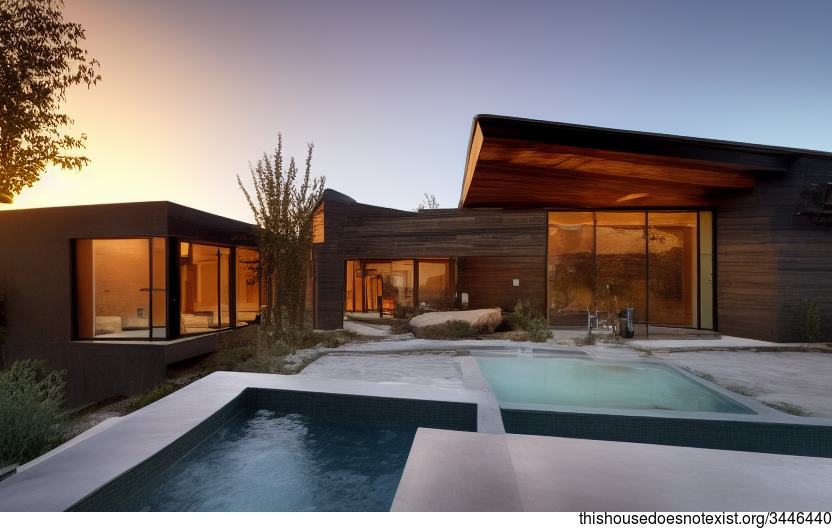 A modern architecture home designed with sunset in mind, this house features an exterior of exposed timber and glass with rocks and a steaming hot outside jacuzzi