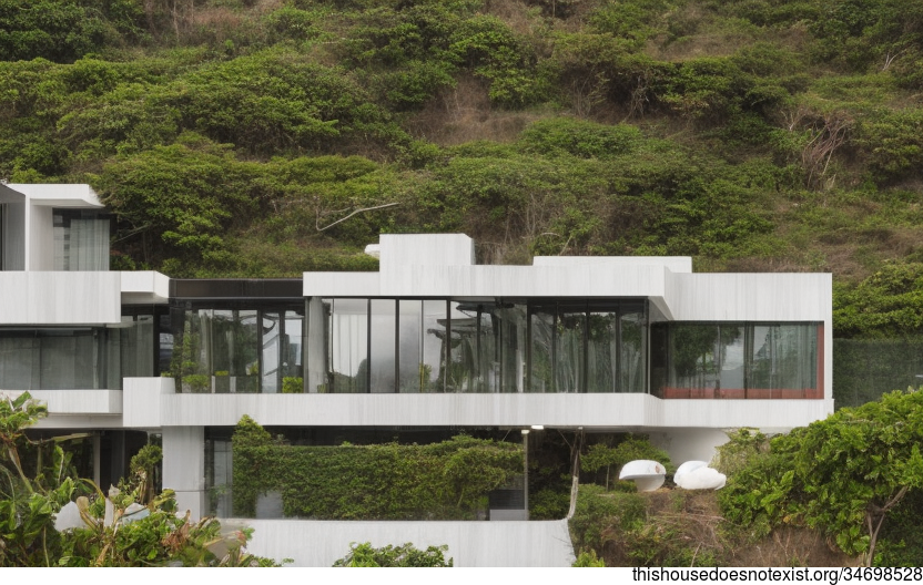 Designed for the modern generation, this glass and stone house features an exterior with exposed triangular beams, meandering vines, and a fireplace with a view of the beach and Hong Kong in the background
