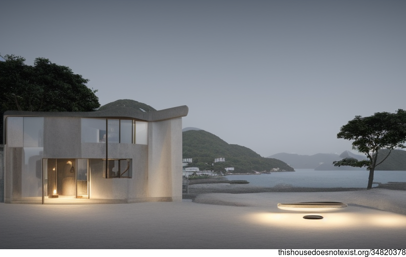 A Modern Architecture Home With an Exposed Circular Stone and Glass Facade With a View of Hong Kong in the Background