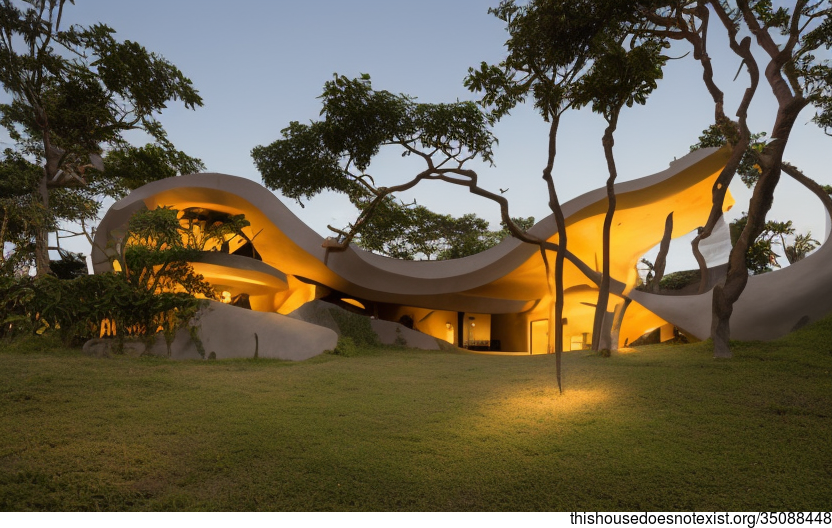 A Modern Architecture Home with an Exposed Curved Exterior and a View of the Jakarta Sunset