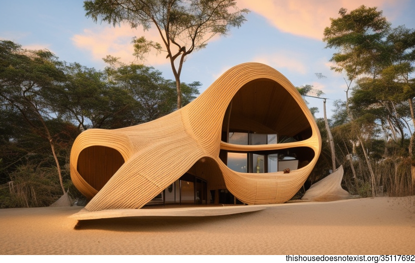 A Modern Architecture Home with an Exposed Curved Bamboo and Bejuca Wood Timber Exterior, with a View of Buenos Aires, Argentina in the Background