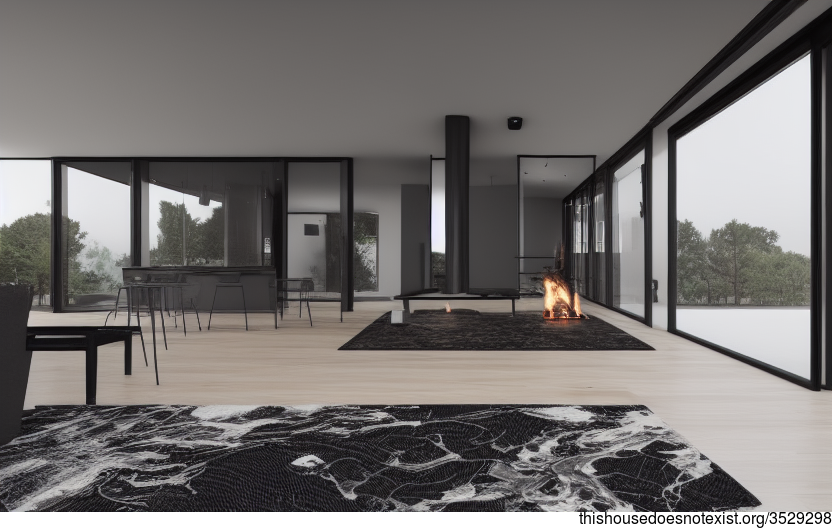 A modern architecture home with a stunning sunset view, exposed glass and stone interior, and a cozy fireplace vibe