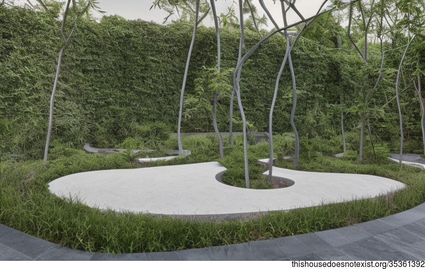 A Modern, Designed Garden with Exposed Circular Bejuca, Meandering Vines, and a Stone Bamboo Wall