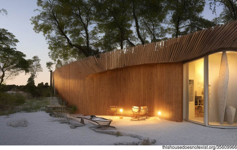 Eco-friendly house with exposed curved wood and stone exterior, set against the backdrop of a beautiful Swedish sunset