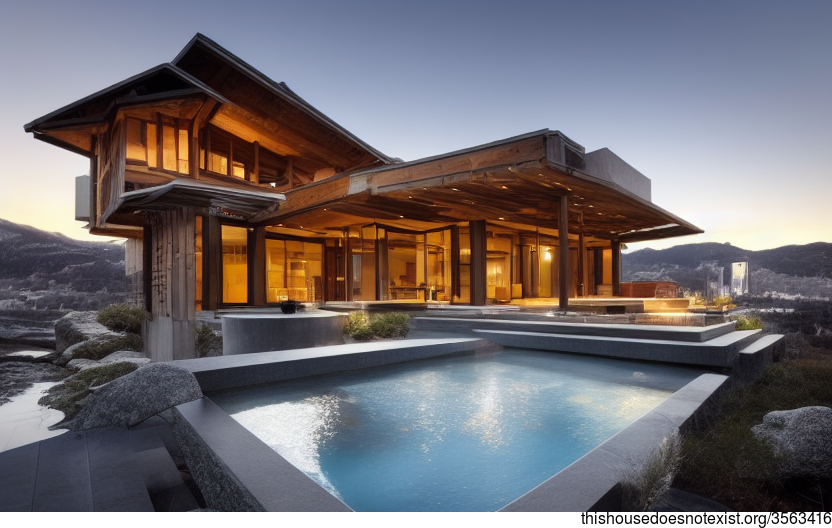A modern architecture home with stunning sunset views, an exposed timber frame, and a steaming hot outside Jacuzzi