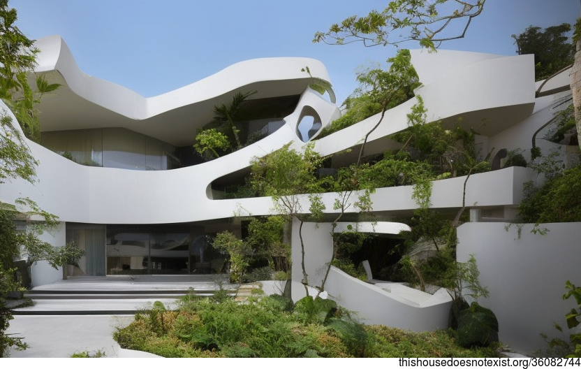 A Modern Beach House in Shenzhen, China With Exposed Rectangular Bejuca Meandering Vines, Hanging Plants, and Onsen Outside With a View of Shenzhen in the Background