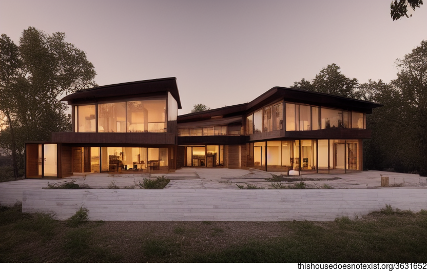 A modern architecture home designed with an exposed wood, glass, and stone exterior, with a pool and sunset views