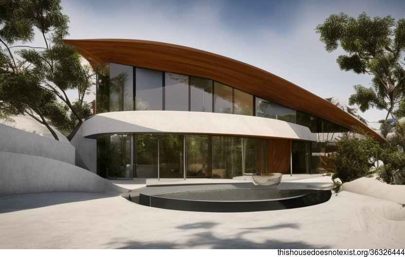 A Modern Architecture Home With an Exposed Curved Bamboo Facade and Glass Vase
