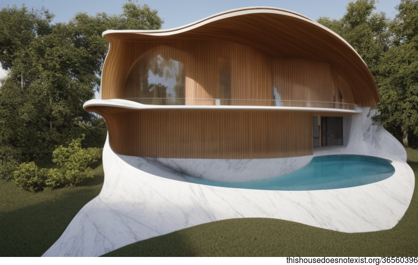 Munich's Curved Wood and White Marble Beach House with an Infinity Pool