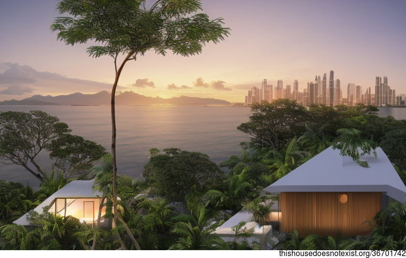 a minimalist, exposed glass and bamboo house with a meandering vine facade and a view of the city in the background