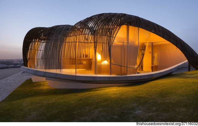 A Modern Architecture Home with an Exposed Bamboo Curved Glass Exterior and Steaming Hot Jacuzzi