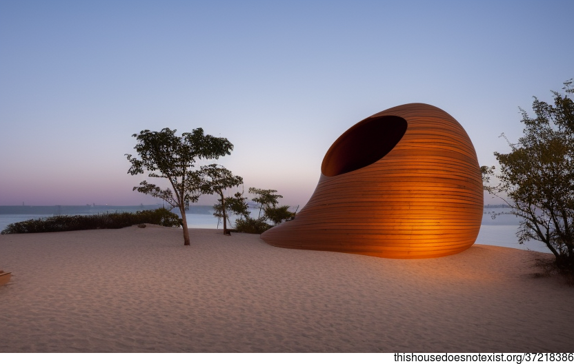 A Modern Beach House in Chicago with an Exposed Curved Wood and Bamboo Exterior and a View of the Sunset