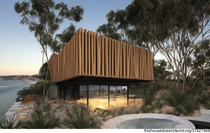 A Sustainable, Eco-Friendly Home With Exposed Polished Bejuca Meandering Vines, Bamboo, and Black Stone With a Fireplace and Steaming Hot Jacuzzi Outside With a View of Sydney, Australia in the Background