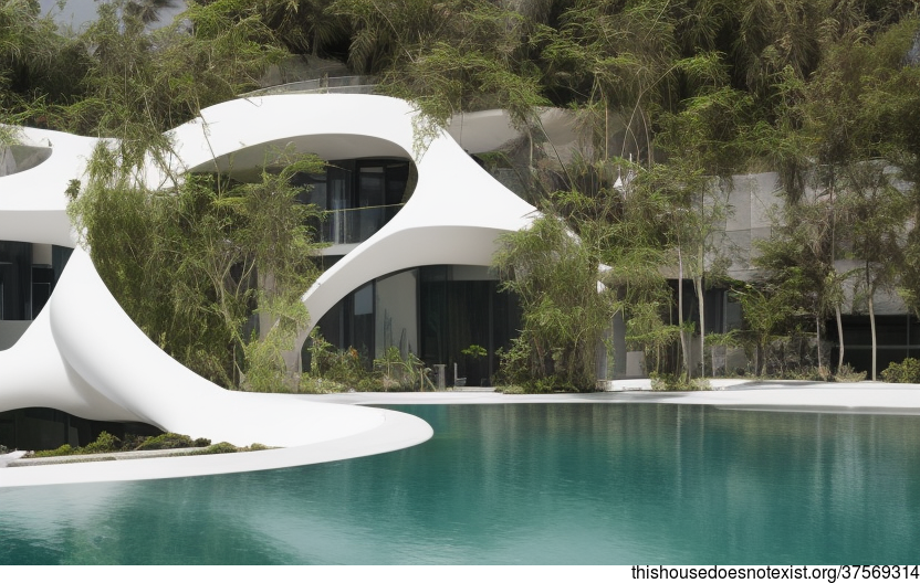 A Modern Architecture Home With Exposed Curved White Marble, Bamboo Bejuca Meandering Vines