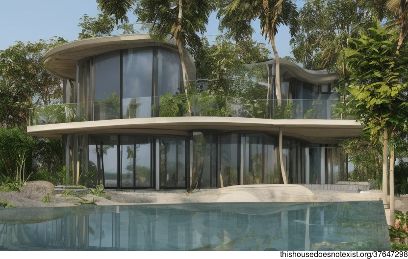 A modern architecture home designed for the beach with an exposed curved bejuca meandering through vines, glass, and steaming hot spring outside