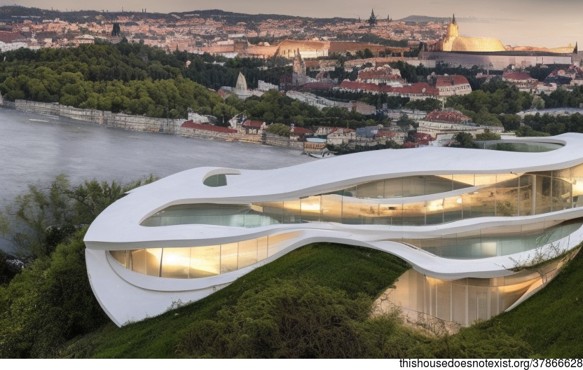 Eco-Friendly House With Exposed Curved Bejuca Wood, Glass, and White Marble Exterior and Steaming Hot Spring Outside With View of Prague, Czechia in the Background
