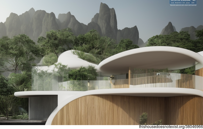Eco-friendly, minimalist house with exposed circular bejuca wood and bamboo exterior, and view of Guangzhou, China in the background