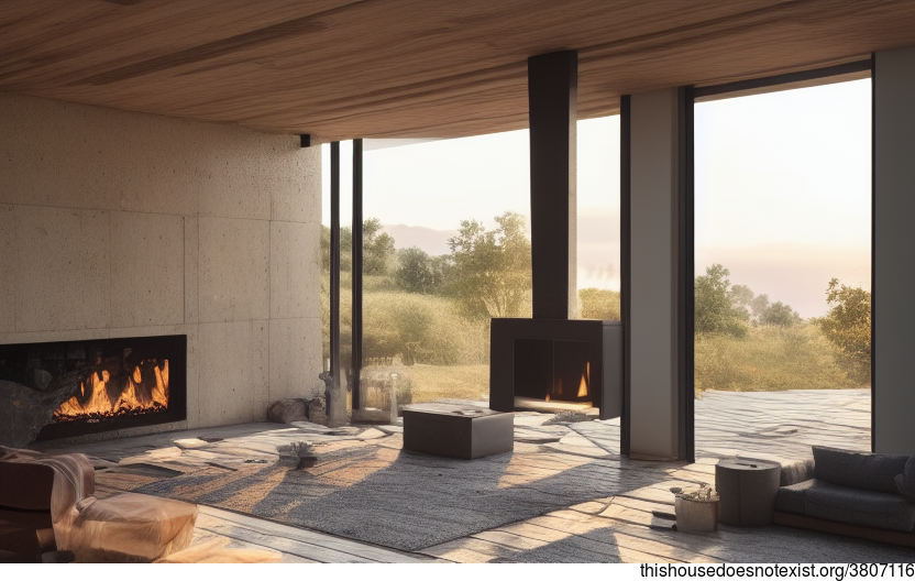 A modern architecture home with a beautiful sunset view and an cozy interior fireplace