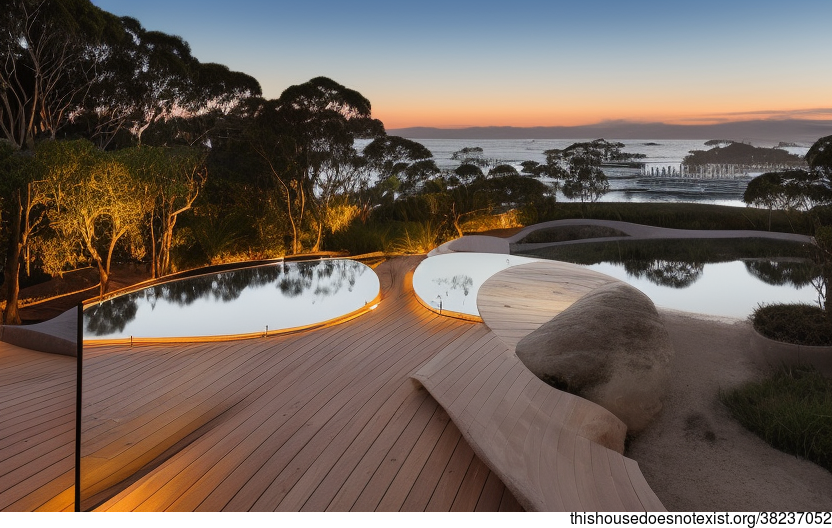 A Tribal, Minimalist Garden With an Exposed, Curved Timber, Bamboo, and Glass Design With a Mirror and a View of Sydney, Australia in the Background