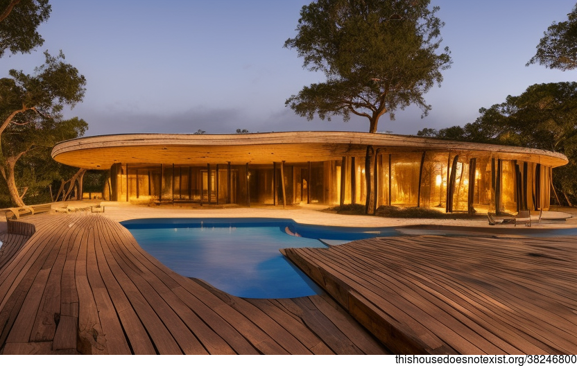 A Modern tribal architecture home with an exposed circular wood, glass bejuca and meandering vines
