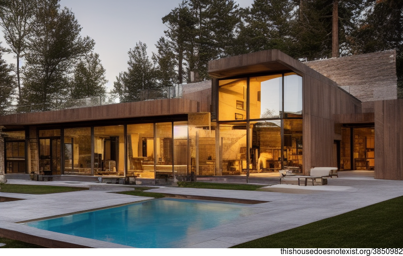 A modern architecture home designed with an exposed wood, glass, and stone exterior, with a steaming hot jacuzzi outside