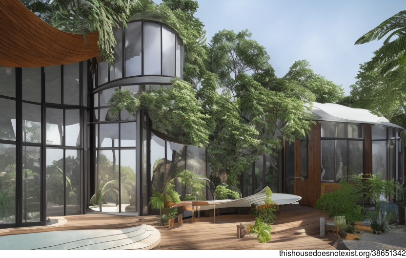 A modern architecture home with hanging plants and steaming hot spring