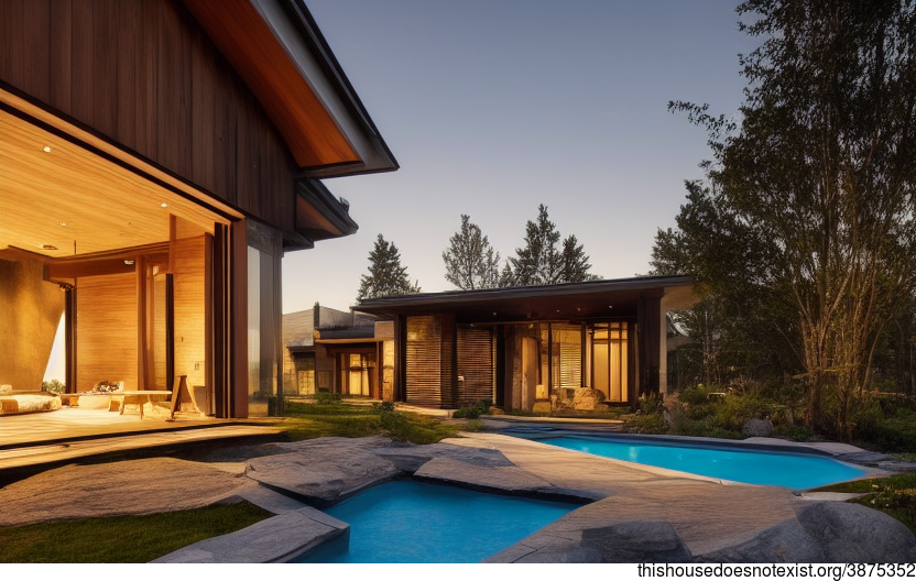 A modern architecture home with stunning sunset views, exposed timber and glass, and a steaming hot outside jacuzzi