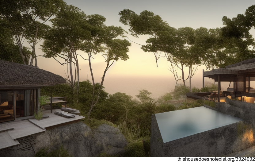 A modern architecture home with an exterior of exposed timber, glass, and rocks, with a steaming hot outside jacuzzi and helicopter pad