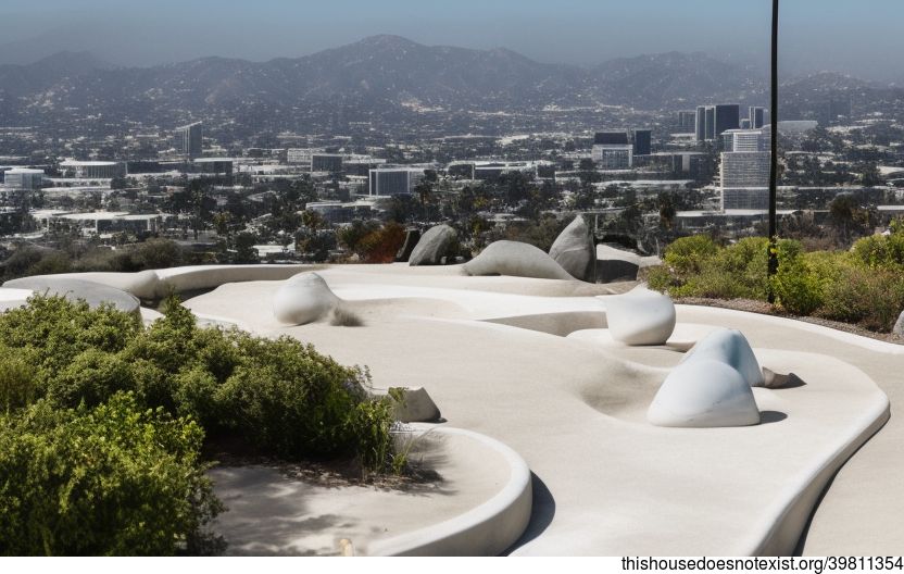 Eco-friendly garden exterior with view of Los Angeles in the background