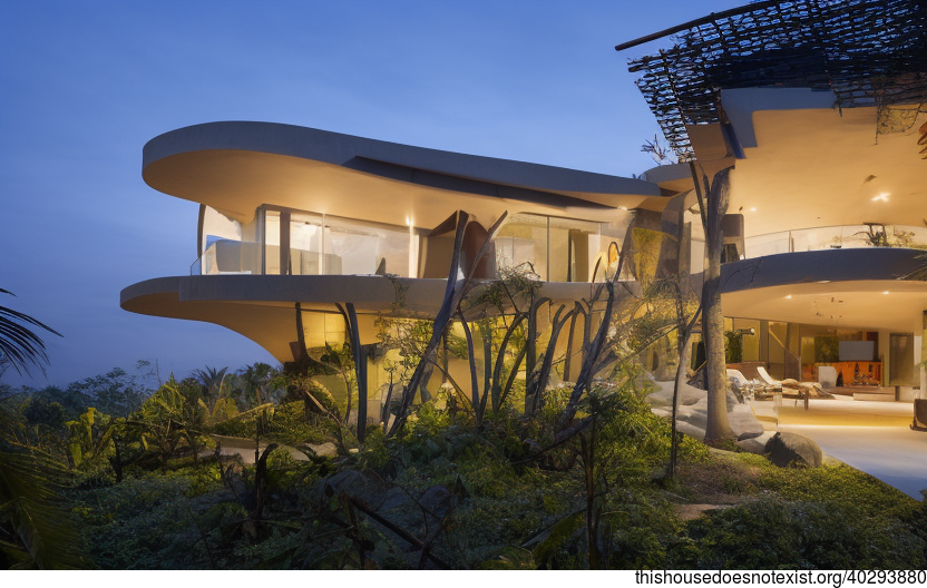 A Modern Architecture Home with an Exposed Curved Timber, Rocks, and Bejuca Vines