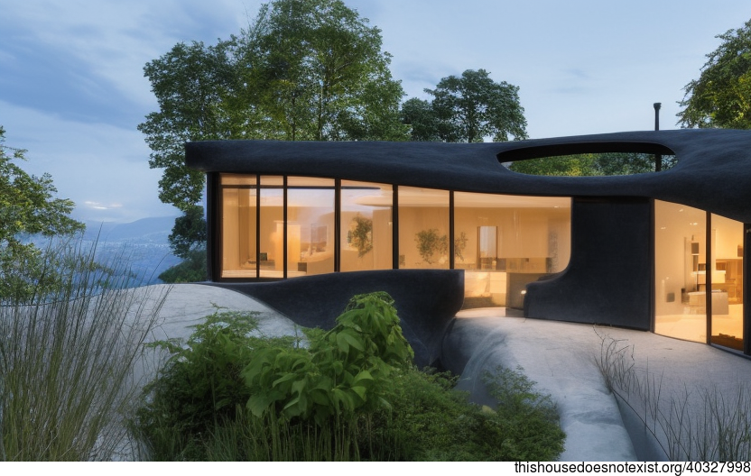 A Modern Home With Traditional and Minimalist Exterior Design in Zurich, Switzerland With Exposed Curved Black Stone, Glass, and Bamboo