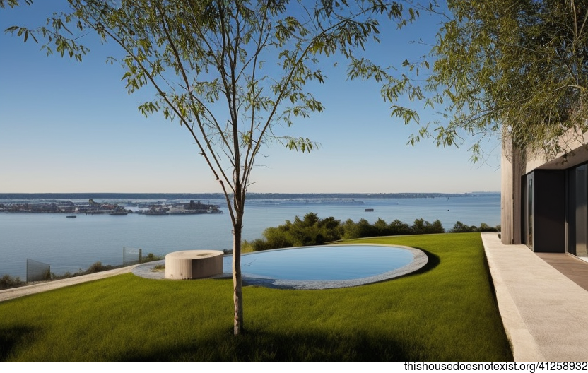 A Modern, Exposed Circular Stone House with an Infinity Pool and a View of Toronto, Canada in the Background