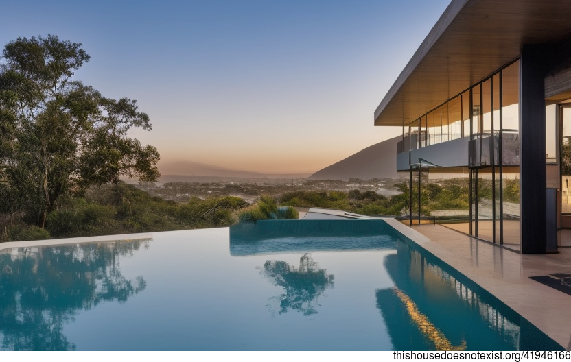A Modern Architecture Home With Exposed Polished Glass, Bejuca Meandering Vines, and an Infinity Pool With a View of Johannesburg, South Africa in the Background
