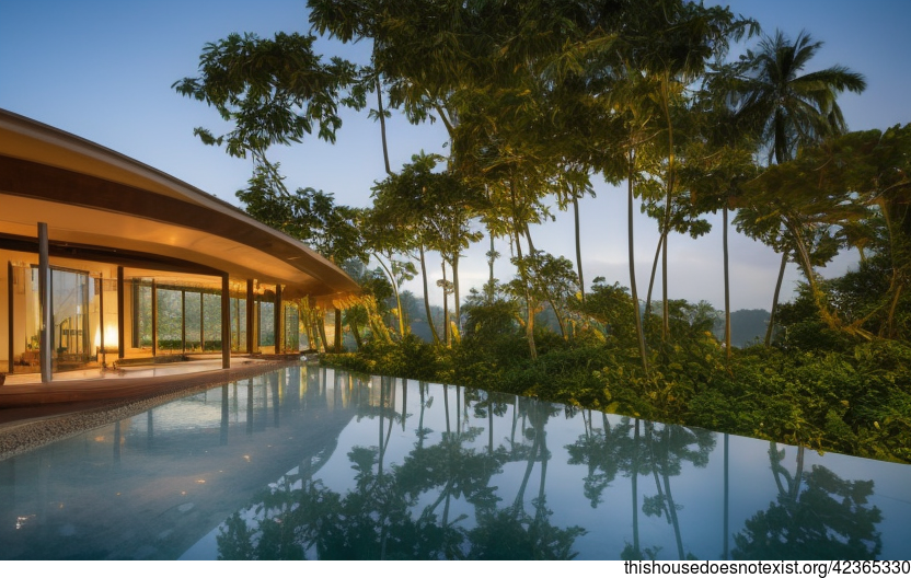 A Modern Architecture Home With An Exposed Curved Glass Infinity Pool and a View of Kuala Lumpur, Malaysia in the Background
