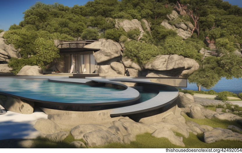 A Modern Beach House in Prague with Exposed Curved Rocks and an Infinity Pool