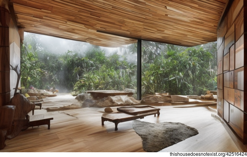 Exposed Rectangular Wood Bejuca House With Tropic Abstract Canvas Wall And Steaming Hot Spring Outside With View Of Mumbai, India In The Background