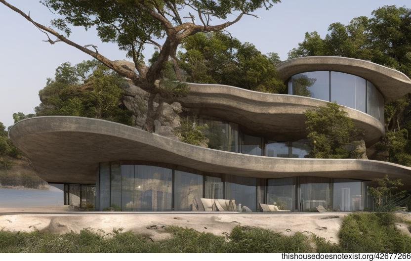 A Contemporary Beach House in Shanghai with Exposed Curved Rocks, Glass, and Timber