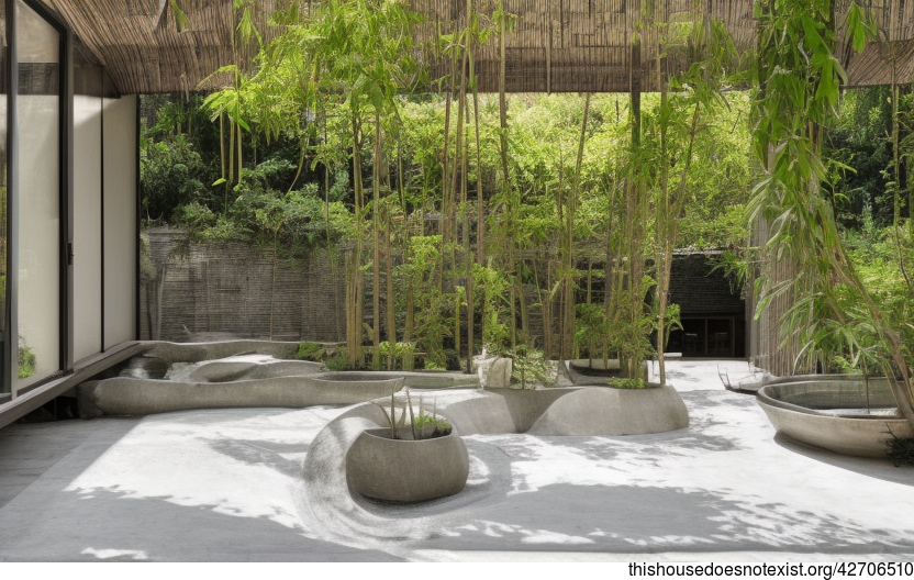 Exposed Circular Bamboo, Hanging Plants, and Steaming Hot Spring