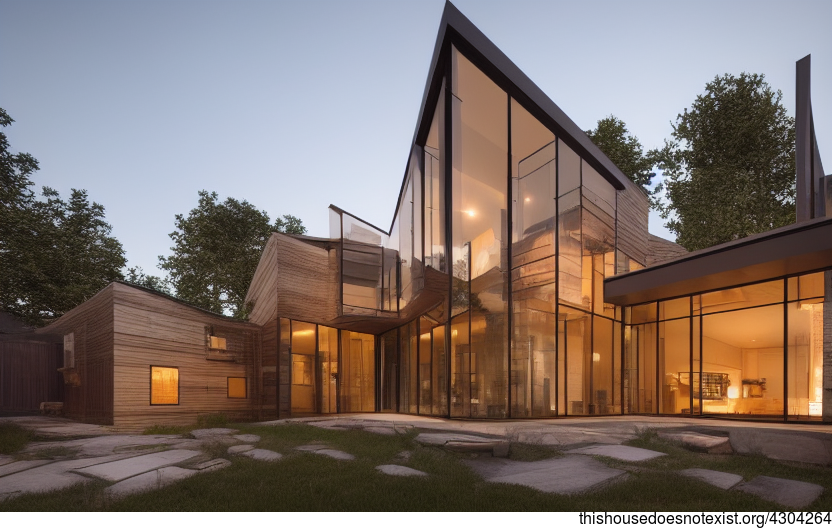 Designed with wood, glass, and stone, this architecture house has a pool and an exterior that's perfect for sunset gatherings