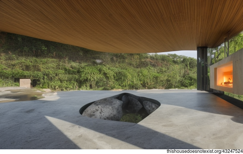 Eco-friendly modern house on the beach with exposed polished stone, bejuca meandering vines, and timber