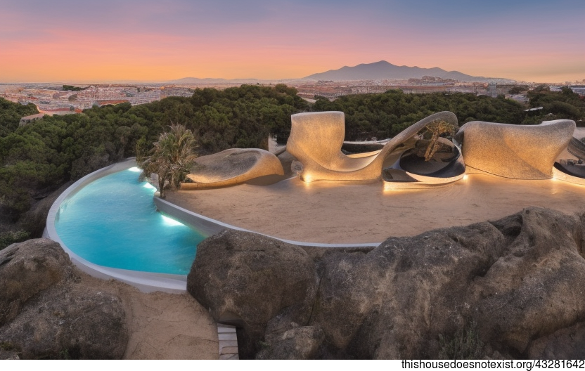 Tribal House Exterior With Steaming Hot Spring and Exposed Curved Rocks at Sunset