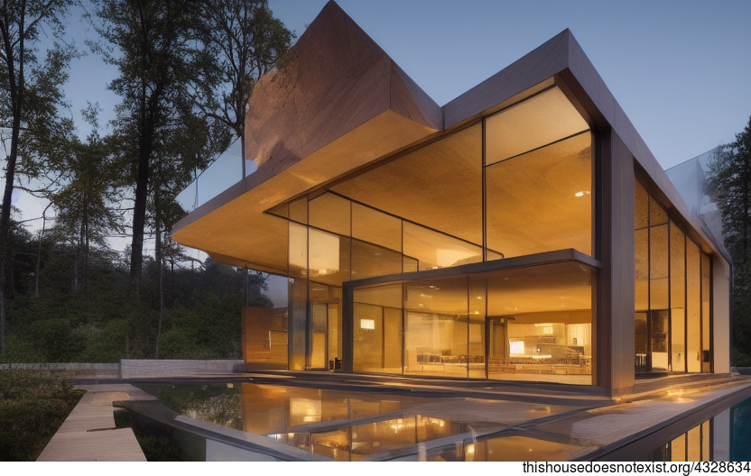 A modern architecture home with an infinity pool, designed with glass, wood, and stone exterior for a stunning sunset view