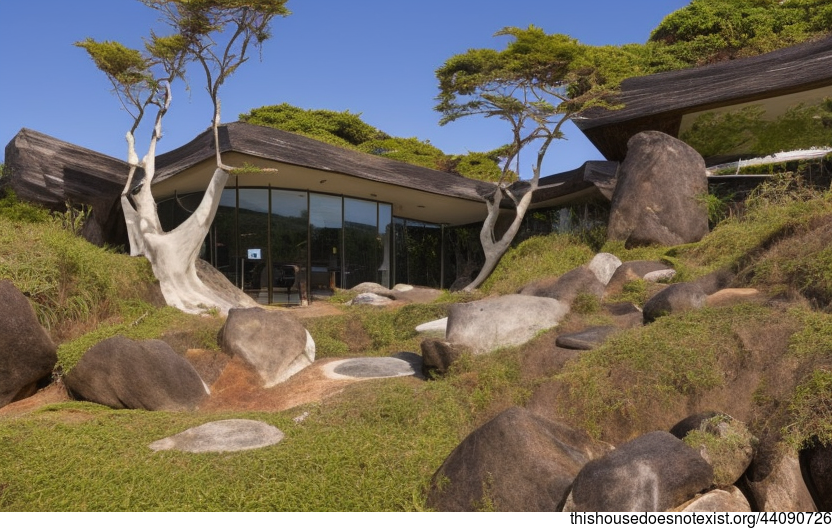 A Modern Beach House in Tokyo with Exposed Curved Bejuca Vines and Meandering Rocks
