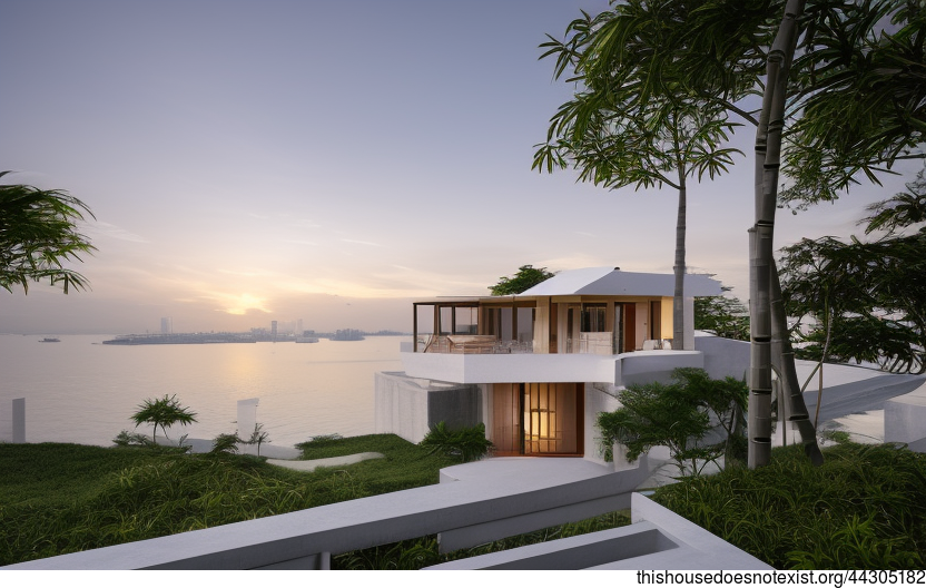 polished bamboo and white marble house with stunning views of the Singapore beach at sunset