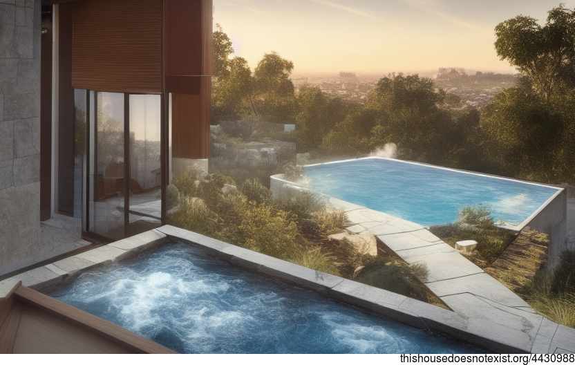 A modern architecture home with stunning sunrise views, exposed timber and glass, and a steaming hot outside jacuzzi