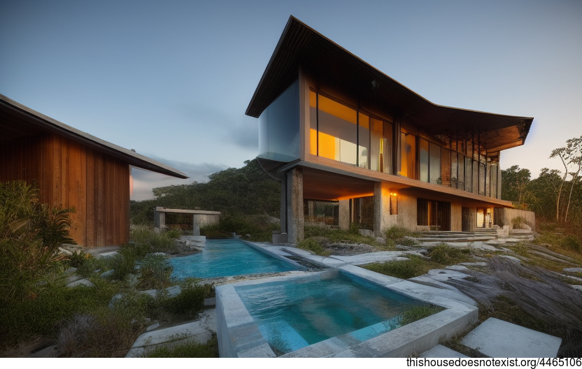 A modern architecture home that is designed with an exterior that is exposed to the sunset, with timber, glass, and rocks, with a steaming hot jacuzzi outside, and a helicopter pad
